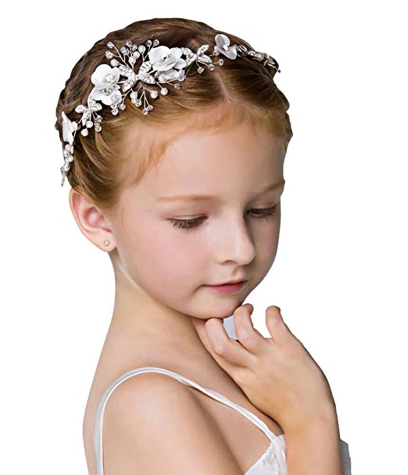 Locisne Flower Girl Headpiece Princess Wedding Accessories, Silver Hair Headband Flower Crown for Girls - Image 1